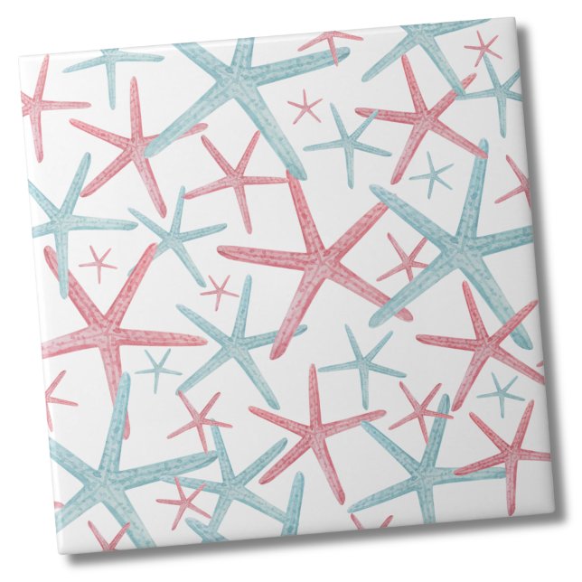 Nautical Coastal Beach Pattern Tile (Teal Pink Nautical Starfish Shell Beach Pattern Ceramic Tile)