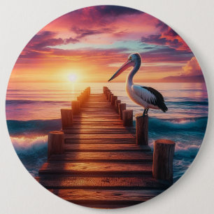 Nautical/coastal/beach pelican sunset 6 cm round badge