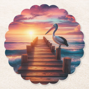 Nautical/coastal/beach pelican sunset  paper coaster