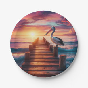 Nautical/coastal/beach pelican sunset  paper plate
