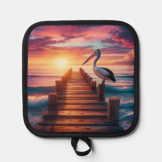 Nautical/coastal/beach pelican sunset  pot holder (Front)