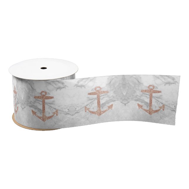 Nautical Coastal Beach White Marble Beige Anchor  Satin Ribbon (Spool)
