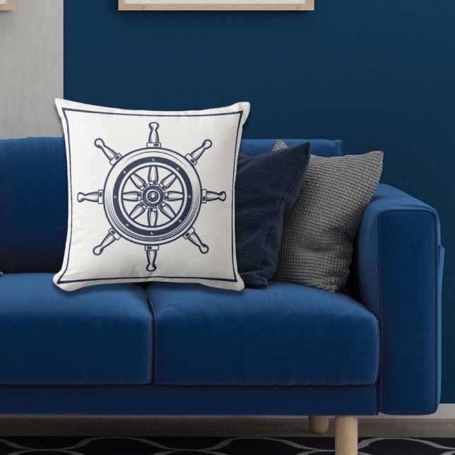 Nautical Coastal Blue Beach House Boat Ship Wheel Cushion (Nautical Coastal Blue Beach House Boat Ship Wheel Throw Pillow)