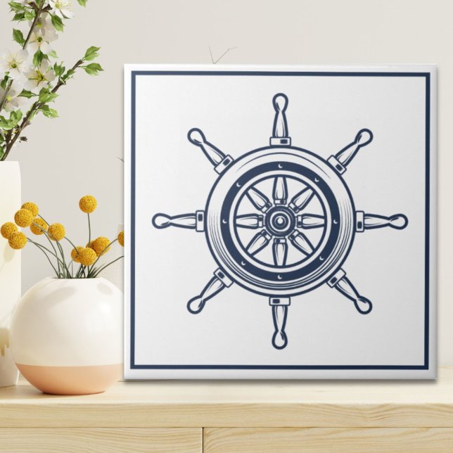 Nautical Coastal Blue Beach House Boat Ship Wheel Tile (Nautical Coastal Blue Beach House Boat Ship Wheel Ceramic Tile)