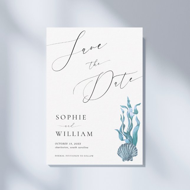 Nautical Coastal Blue Shell Ocean Beach Wedding Save The Date (Creator Uploaded)