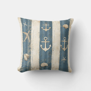 Nautical Coastal Blue Tonal Stripes Starfish  Cushion