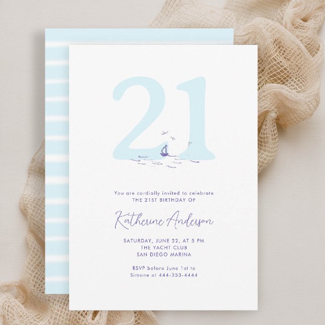 Nautical Coastal Boat Birds Modern 21st Birthday Invitation (21st birthday invitation coastal nautical boat birds yacht beach waterfront ocean marina modern)