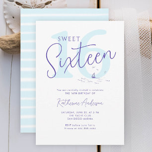 Nautical Coastal Boat Ocean Modern Stripe Sweet 16 Invitation