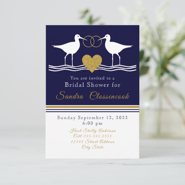 Nautical Coastal Bridal Shower Navy Blue Sandpiper Invitation (Standing Front)