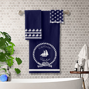 Nautical coastal Captain name Sailboat Navy Blue Bath Towel Set