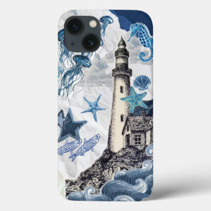 Nautical Coastal Collage: Lighthouse & Sea Life Ed iPhone 13 Case
