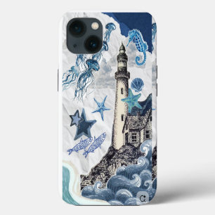 Nautical Coastal Collage: Lighthouse & Sea Life Ed iPhone 13 Case