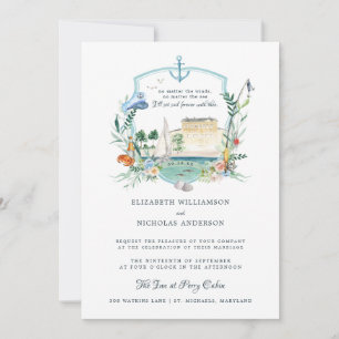 Nautical Coastal Fishing Seaside   Wedding Crest Invitation