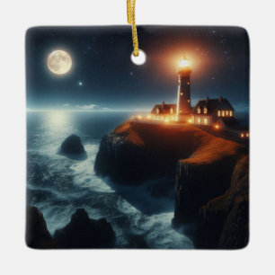 Nautical/coastal lighthouse at night with moon ceramic ornament