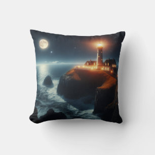 Nautical/coastal lighthouse at night with moon cushion