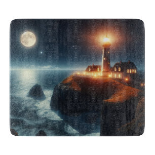 Nautical/coastal lighthouse at night with moon cutting board
