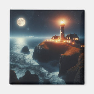 Nautical/coastal lighthouse at night with moon magnet