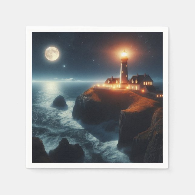 Nautical/coastal lighthouse at night with moon napkin (Front)