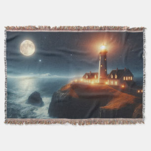 Nautical/coastal lighthouse at night with moon throw blanket