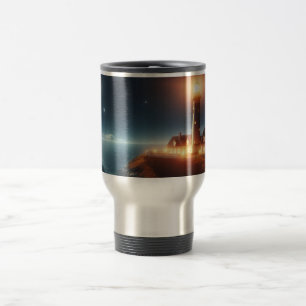 Nautical/coastal lighthouse at night with moon travel mug