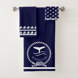Nautical coastal name Sailboat Whale Navy Blue Bath Towel Set
