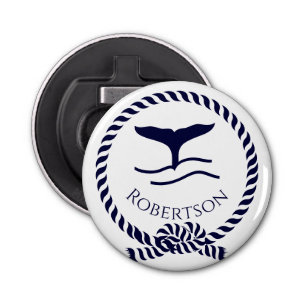 Nautical coastal name Sailboat Whale Navy Blue Bottle Opener