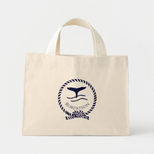 Nautical coastal name  Sailboat Whale  Navy Blue T Mini Tote Bag