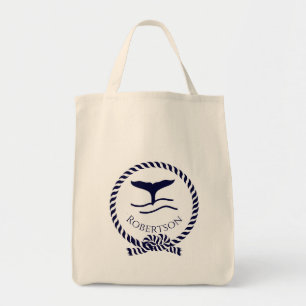 Nautical coastal name Sailboat Whale Navy Blue Tote Bag