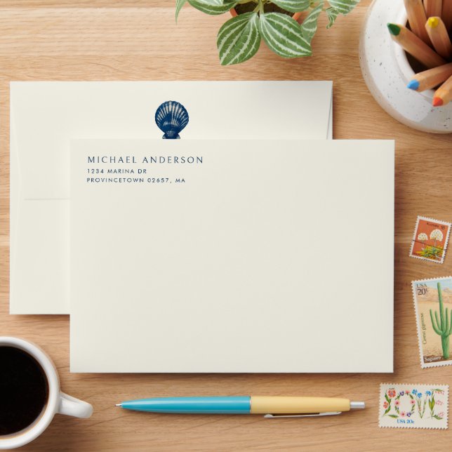 Nautical Coastal Navy Blue Anchor Sea Shell Envelope (Desk)