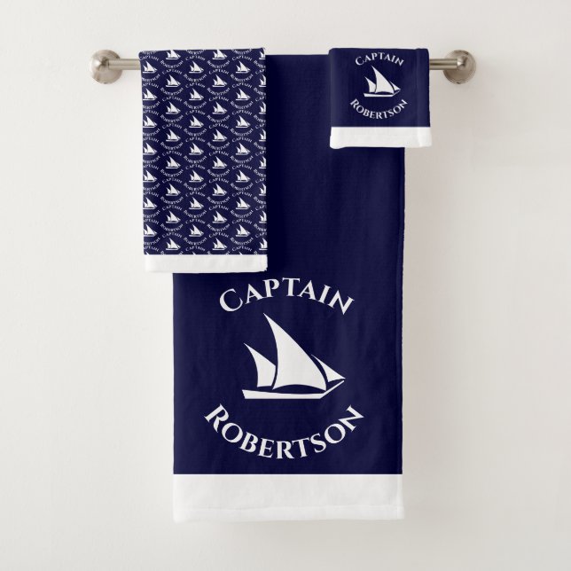 Nautical Coastal Navy Blue Captain Name  Sailboat Bath Towel Set (Insitu)