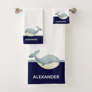Nautical Coastal Navy Blue Grey White Whale Bath Towel Set