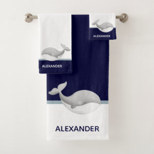 Nautical Coastal Navy Blue Grey White Whale  Bath Towel Set