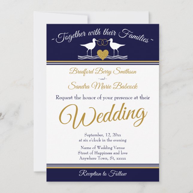 Nautical Coastal  Navy Blue Sandpiper Wedding  Invitation (Front)
