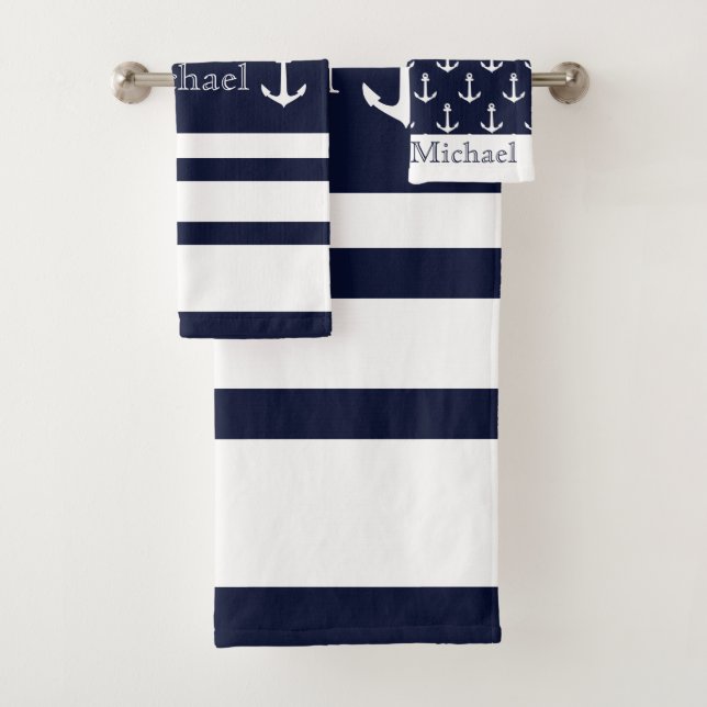 Nautical Coastal Navy Blue White Stripes Name Bath Towel Set (Insitu)