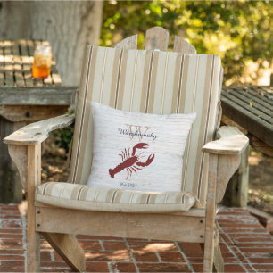 Nautical Coastal Red Lobster Rustic Wood White Cushion