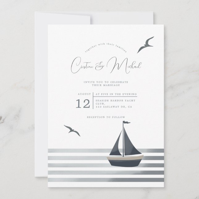 Nautical coastal sailboat wedding invitation (Front)