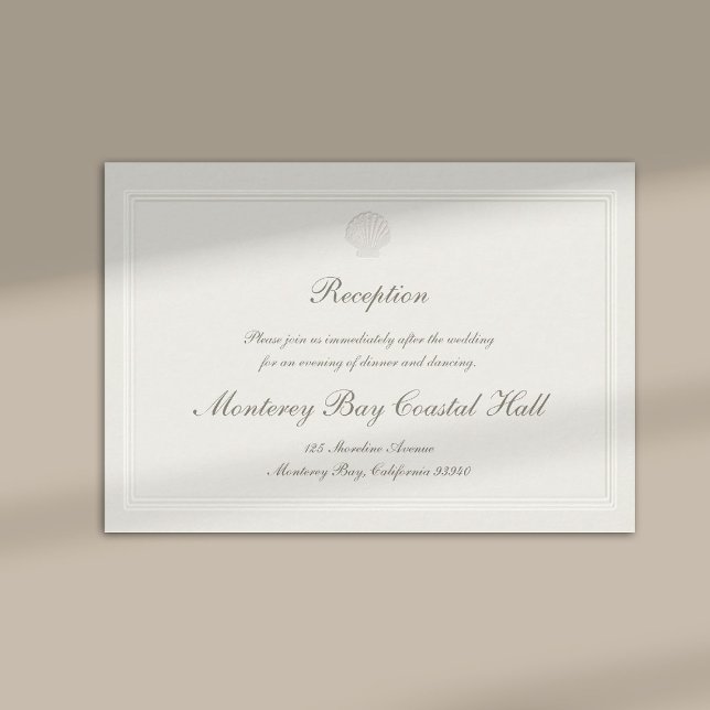 Nautical Coastal Shell Modern Classic Wedding Enclosure Card (modern classic wedding reception details card frame ecru script calligraphy formal traditional )