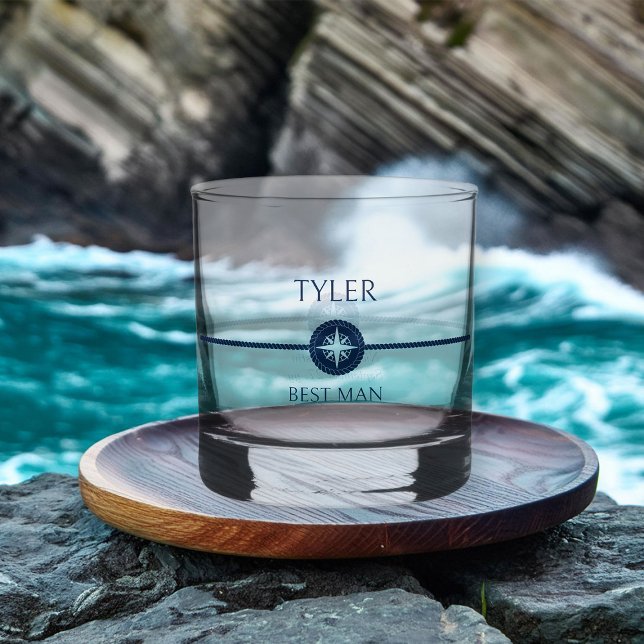 Nautical Coastal Wedding Best Man Groomsman Whiskey Glass (Nautical wedding best man gift - personalize for any member of your wedding party)