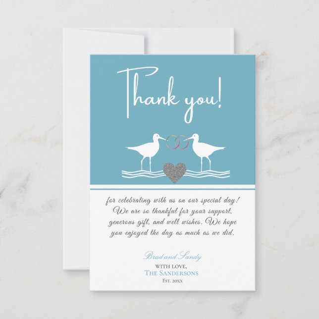 Nautical Coastal Wedding Dusty Blue Sandpipers  Thank You Card (Front)