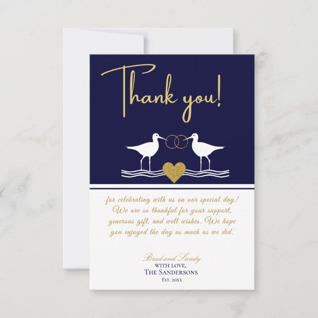 Nautical Coastal Wedding Navy Blue Gold Sandpiper Thank You Card (Front)