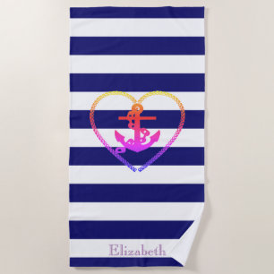 Nautical Colourful Anchor Navy Blue Stripe Beach Towel