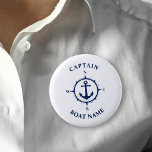 Nautical Compass Anchor Captain Boat Name Navy<br><div class="desc">Navy Blue Nautical Compass Anchor and Your Personalized Boat Name and Customizable Captain Rank Button.</div>