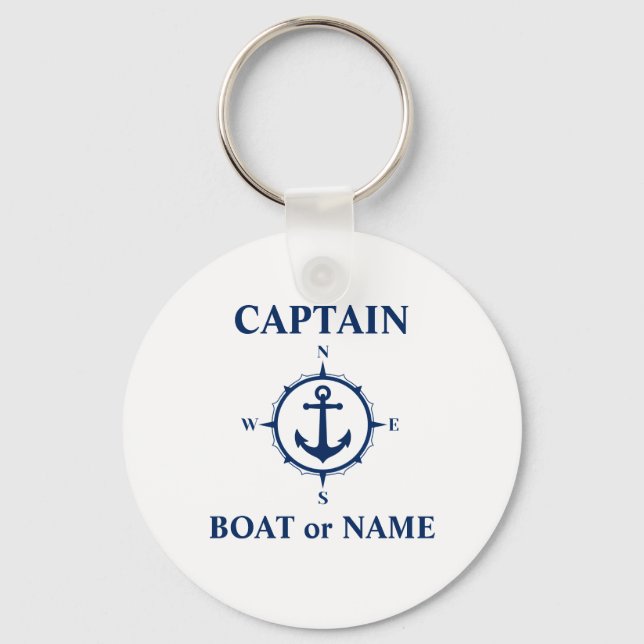 Nautical Compass Anchor Captain or Boat Name White Key Ring (Front)