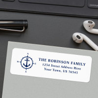 Nautical Compass Anchor Navy Blue On White Address