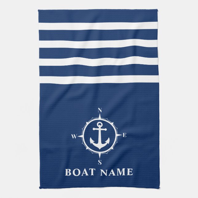 Nautical Compass Anchor Your Boat Name Navy Blue Tea Towel (Vertical)
