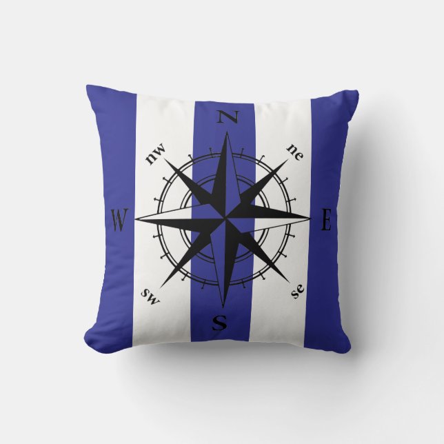 Nautical compass blue white vertical strips cushion (Front)