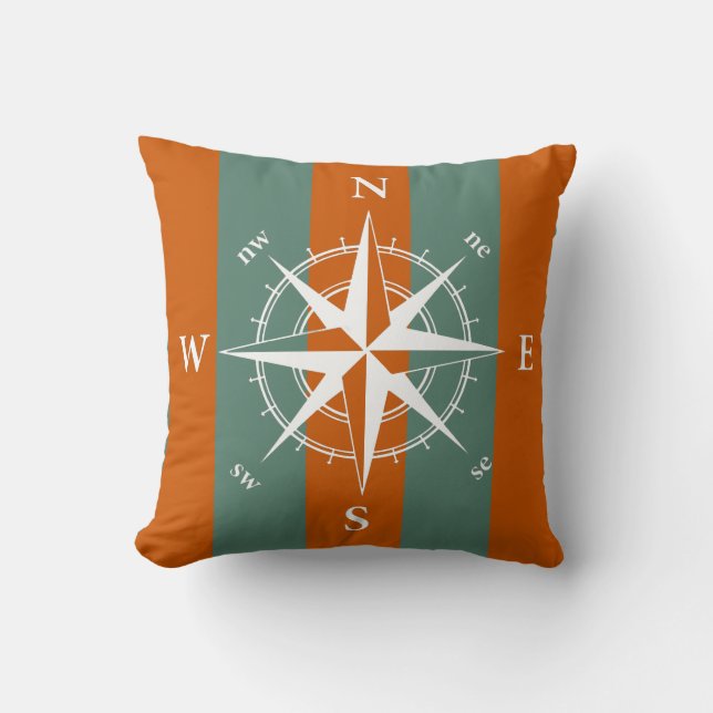 Nautical compass burnt orange avocado green strips cushion (Front)