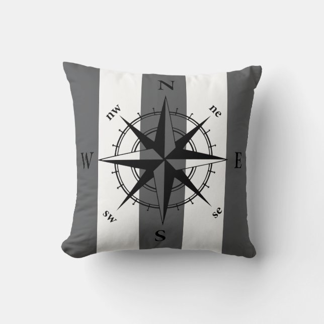 Nautical compass grey white vertical strips cushion (Front)