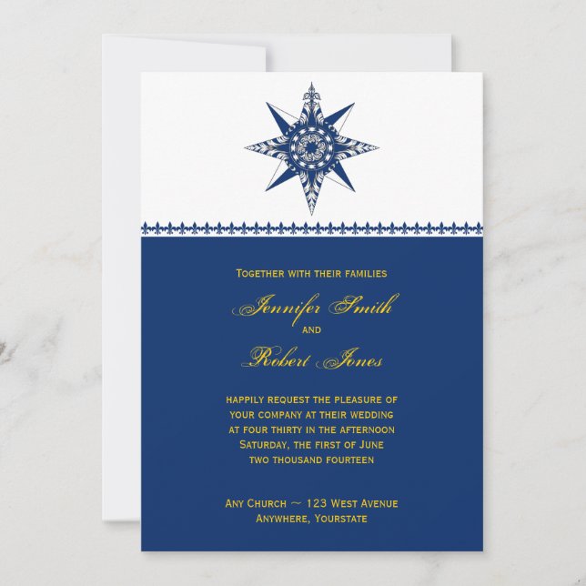 Nautical Compass Navy Yellow Wedding Invitation (Front)
