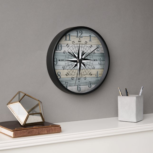 Nautical Compass on Rustic Coloured Beach Wood Clock (Office)